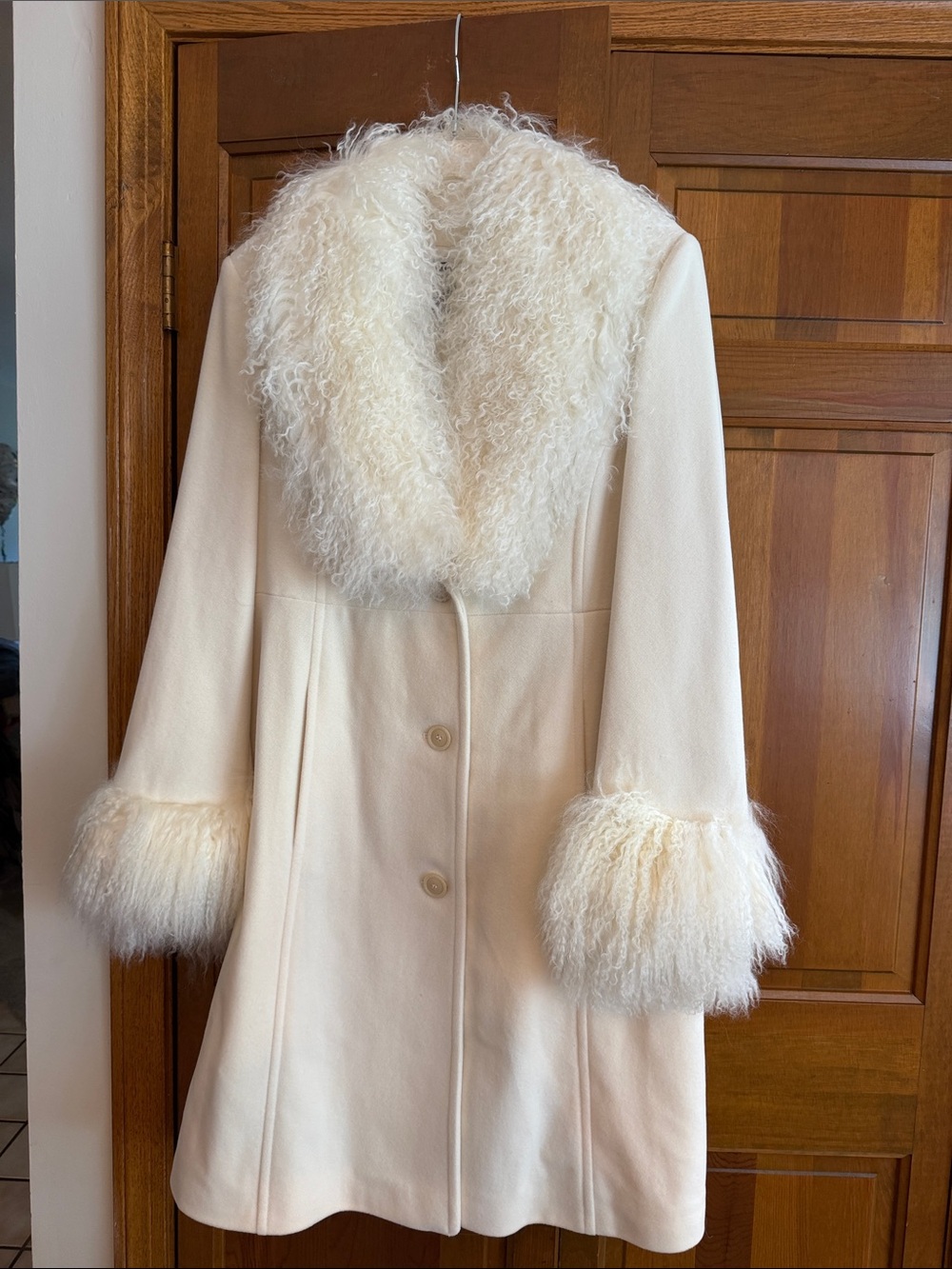 Marvin Richards Cream Faux Fur-Trim Pea Coat